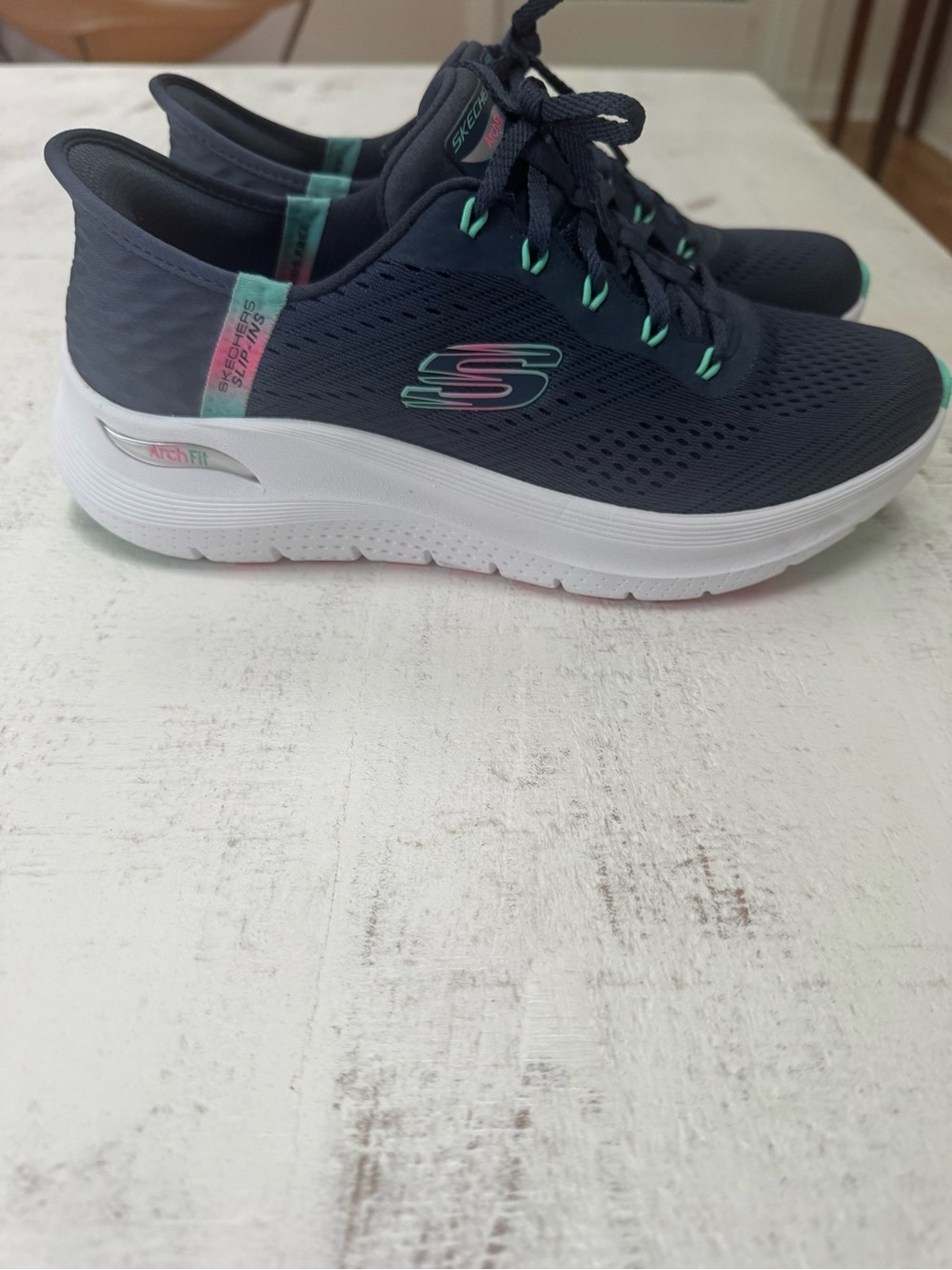 Skechers Women’s Slip-Ins Navy Sneakers with Mint and Pink Accents - Size 8